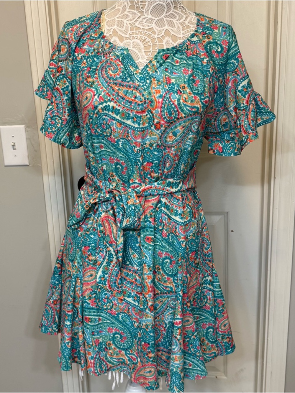 Umgee Turquoise Paisley Tie-Waist Mini Dress